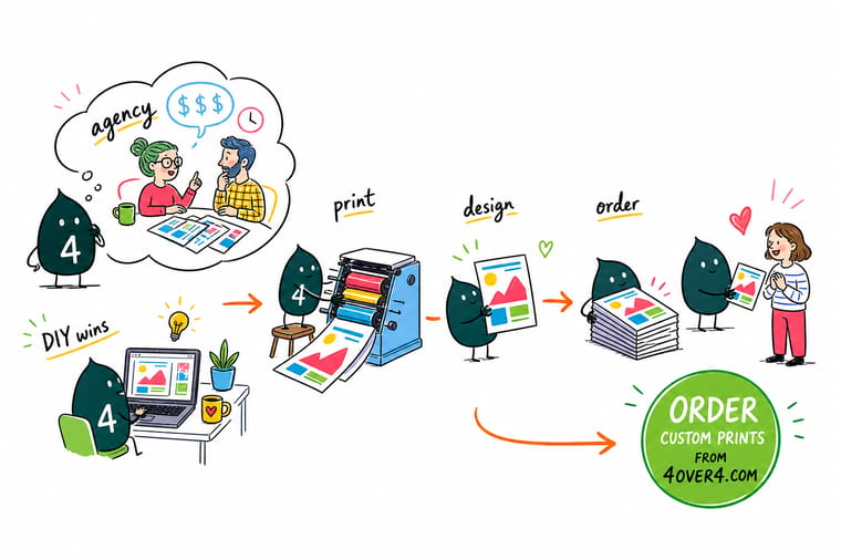 Wally, the 4OVER4 mascot with a 4, weighing an agency brief against a template on the free online designer while a prepress check stamps both files