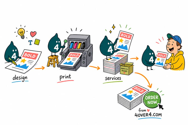 Wally, the 4OVER4 mascot holding a 4, guiding a design through an online tool and a template toward a printed flyer