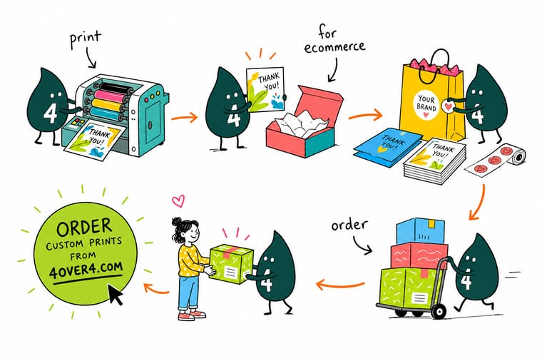 Wally, the 4OVER4 mascot with a 4, packing an ecommerce parcel layer by layer with printed tape, a packaging label, tissue paper and a thank you card