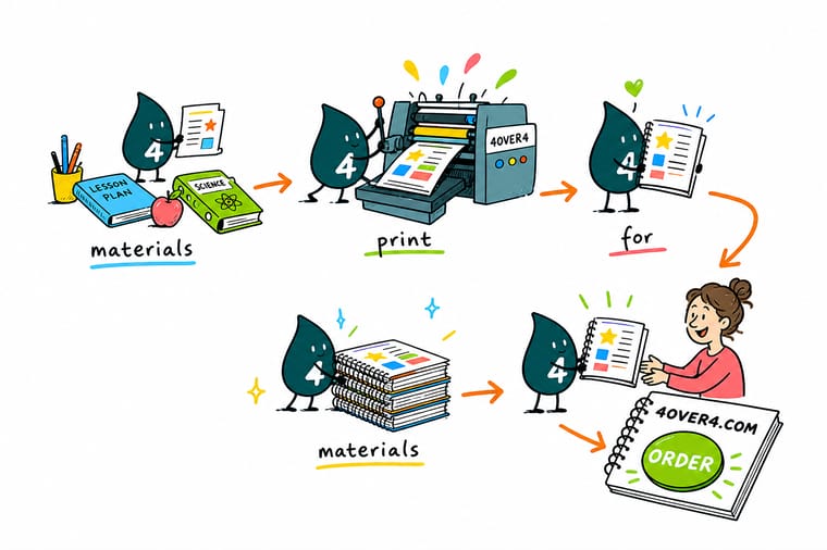 Wally, the 4OVER4 mascot with a 4, opening a coil-bound workbook flat on a kitchen table beside a wall calendar and a portfolio folder
