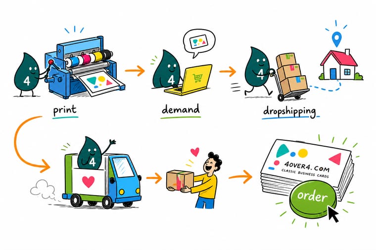 Wally, the 4OVER4 mascot with a 4, handing a printed parcel straight to a customer while the seller keeps the margin