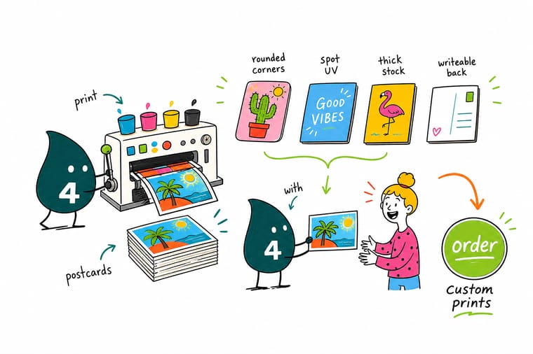 Wally from 4OVER4 comparing folded, oversized and die cut postcard formats on a workbench