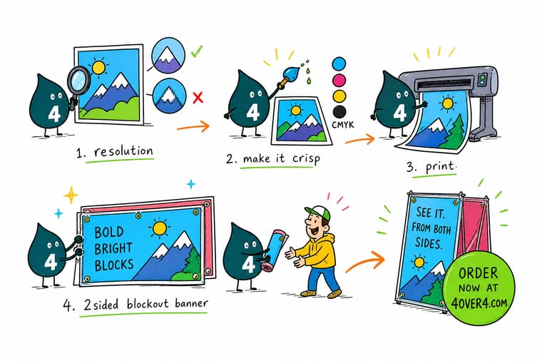 Wally, the 4OVER4 mascot holding a 4, comparing a crisp high-resolution print with a blurry low-resolution one to explain print resolution