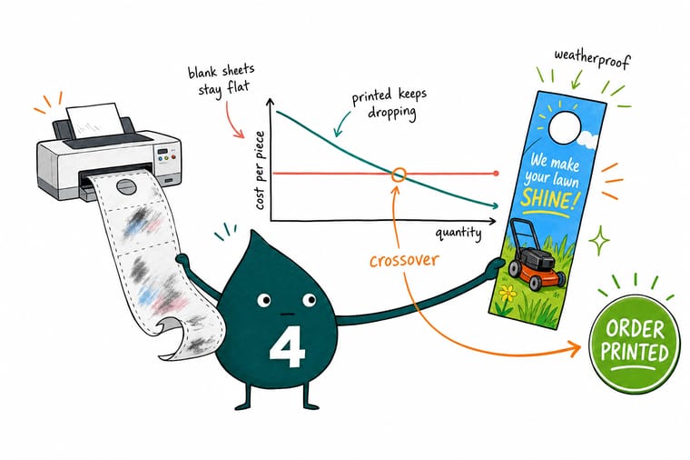 Wally, the 4OVER4 mascot with a 4, holding a home-printed blank door hanger in one hand and a full-bleed printed one in the other, next to a chart where the printed line drops below the flat line