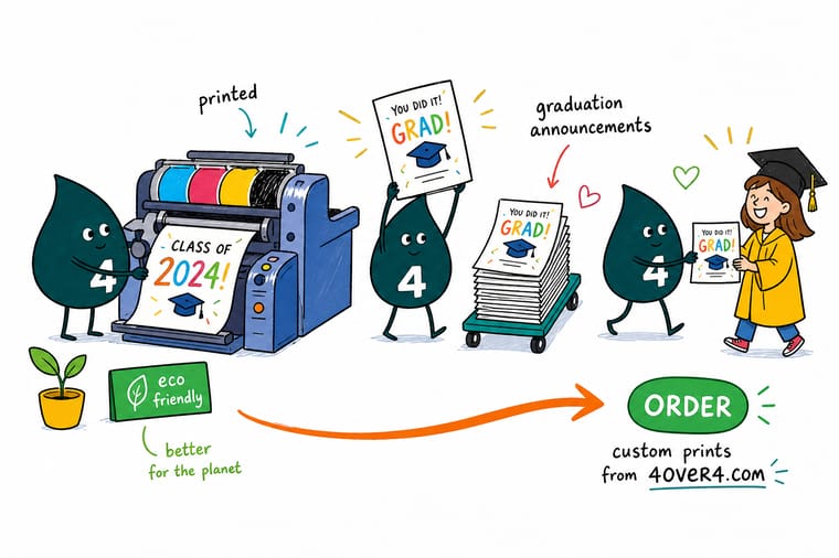 Wally from 4OVER4 mailing a printed graduation announcement on eco-friendly stock with a graduation cap