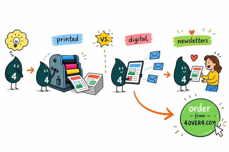 Wally, the 4OVER4 mascot with a 4, holding a printed newsletter in one hand and a phone in the other, weighing which one reaches readers better