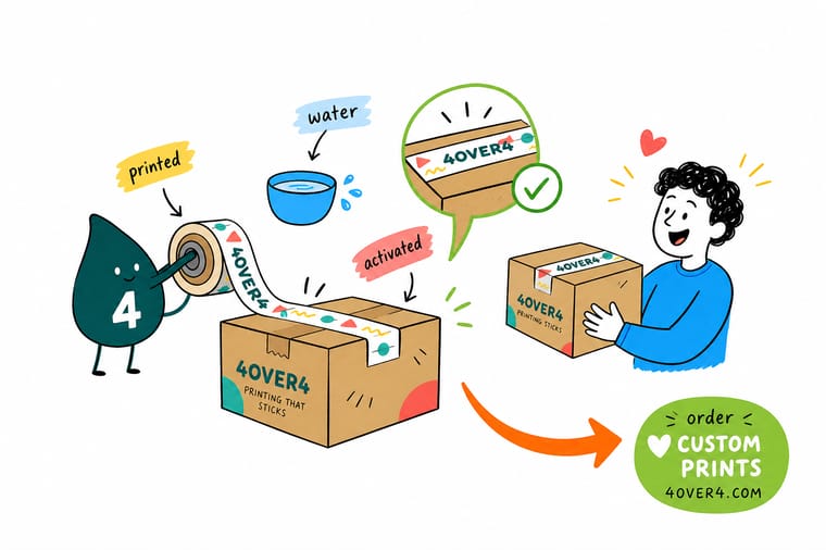 Wally from 4OVER4 sealing a shipping carton with printed water activated kraft tape