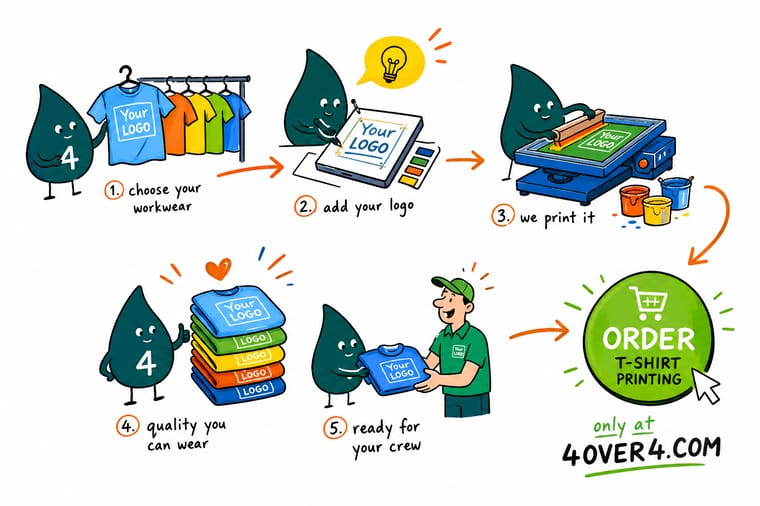 Printed Workwear That Puts Your Brand On Every Shift explained by Wally, the 4OVER4 mascot holding a 4