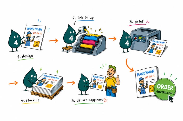Wally, the 4OVER4 mascot holding a 4, standing beside a printing press as a design file turns into a finished flyer