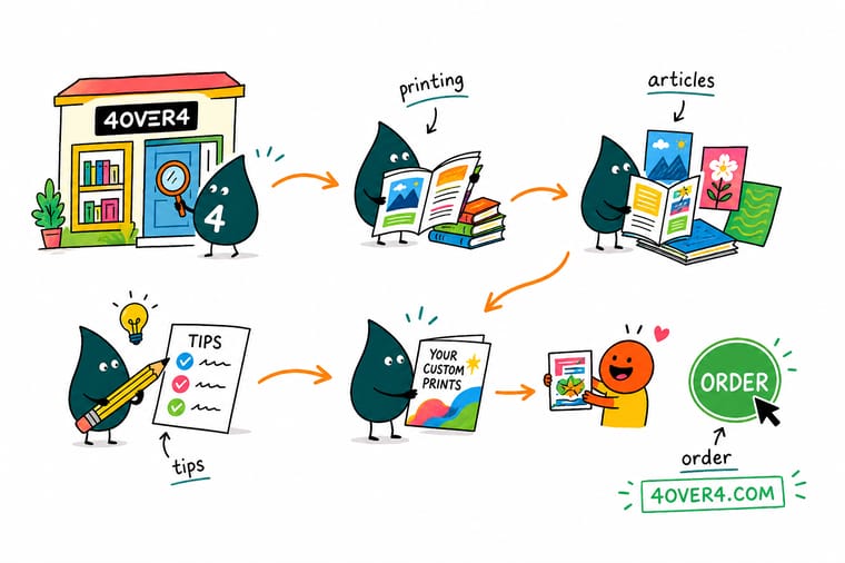 Wally, the 4OVER4 mascot with a 4, standing at a shelf of printing guides and pulling out the three that match the job on his desk