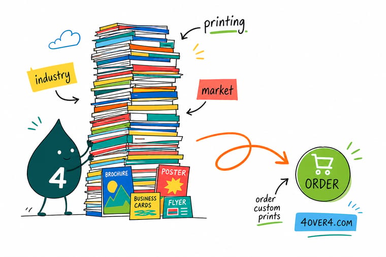 Wally the 4OVER4 mascot holding a stack of freshly printed cards, showing how print data turns into real marketing pieces