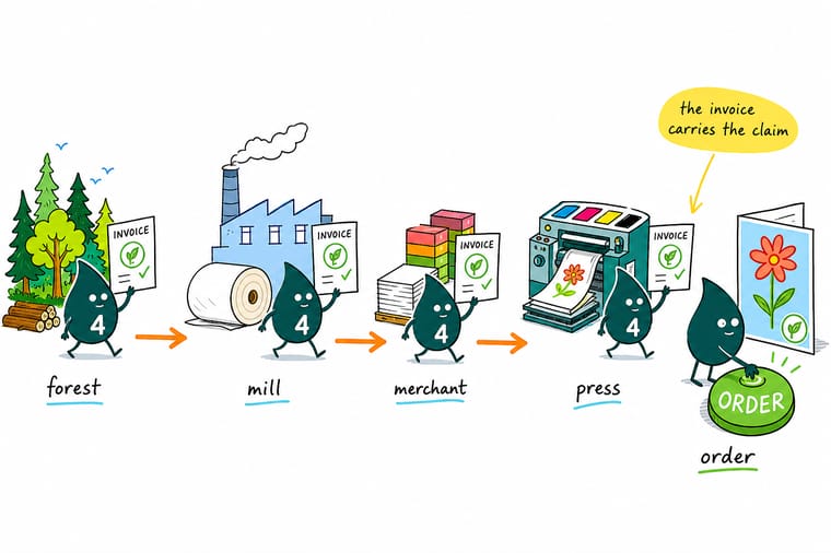 Wally, the 4OVER4 mascot with a 4, following a stack of certified paper from the forest through the mill and the merchant to the press, holding up the invoice that carries the FSC claim at each stop