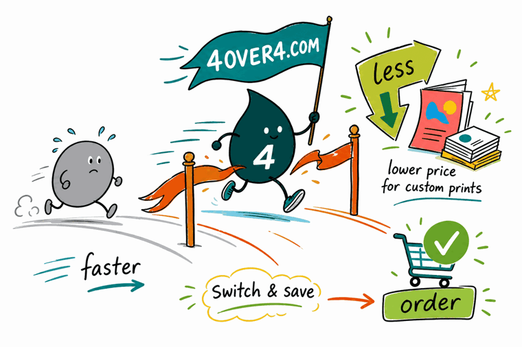 Wally the 4OVER4 mascot weighs a thin Printleaf card against a thick premium 4OVER4.COM business card