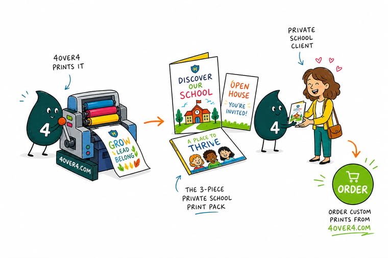 Wally, the 4OVER4 mascot, holding a school banner, a stack of flyers and a bookmark for a private school enrollment campaign
