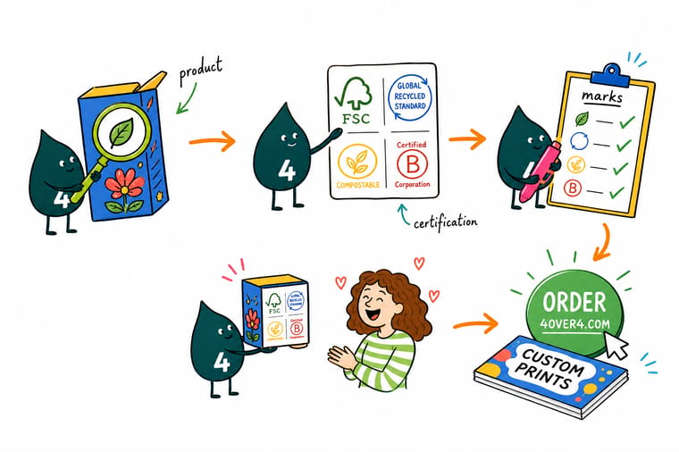 Wally, the 4OVER4 mascot with a 4, sorting certification seals into licensed, self-applied and not-a-certification piles beside a printed carton
