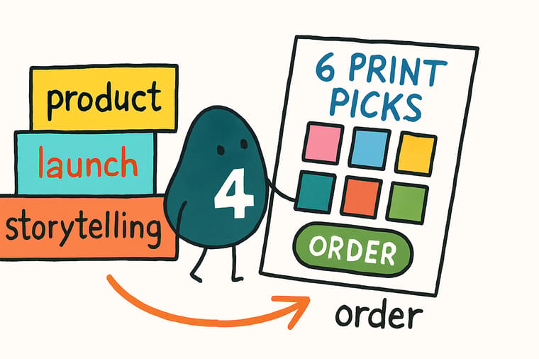 Wally, the 4OVER4 mascot holding a 4, standing beside a launch table with a teaser postcard, a hang tag, a labeled product, a brochure, a proof booklet and an open mailer box