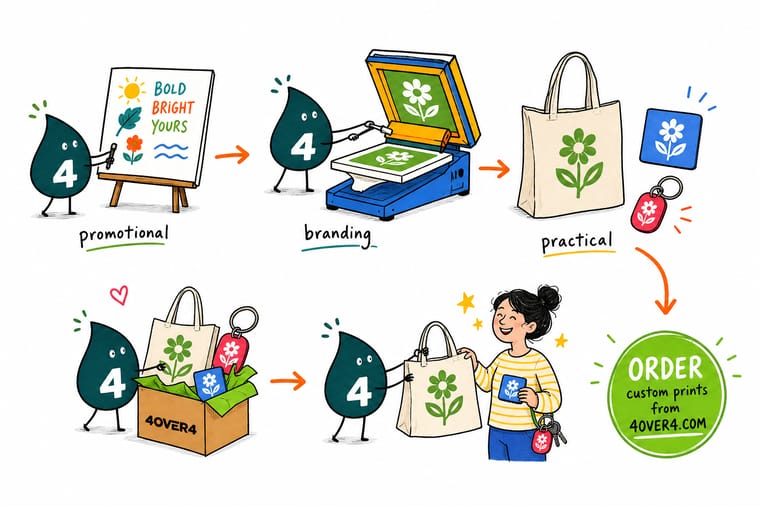 Wally, the 4OVER4 mascot with a 4, shrinking a logo from a tote bag down to a keychain and dropping the tagline on the way