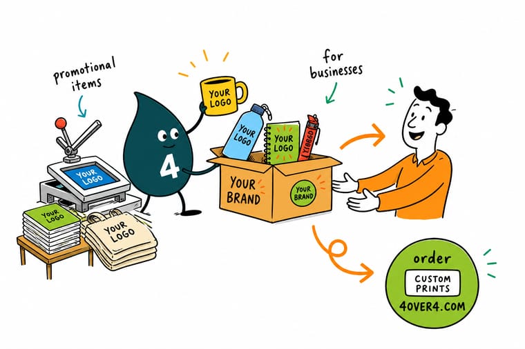 Wally from 4OVER4 holding a printed tote bag, a mug and a sheet of stickers while a stress ball goes into a drawer