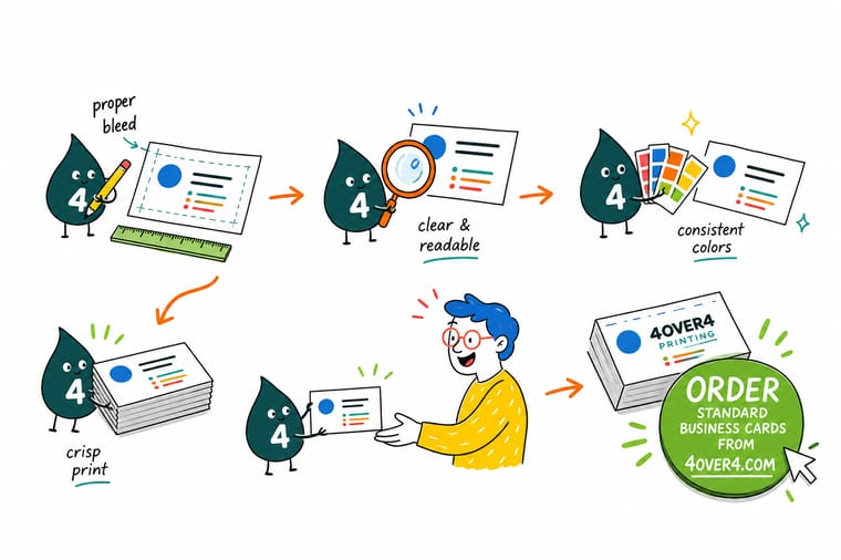 Wally, the 4OVER4 mascot with a 4, arranging name, title, and contact lines into a clean business card layout