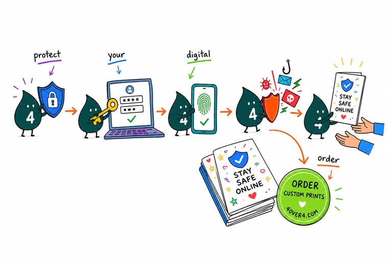 Wally, the 4OVER4 mascot with a 4, locking a printed page of account recovery codes into a safe while a phone on the desk shows a failed login