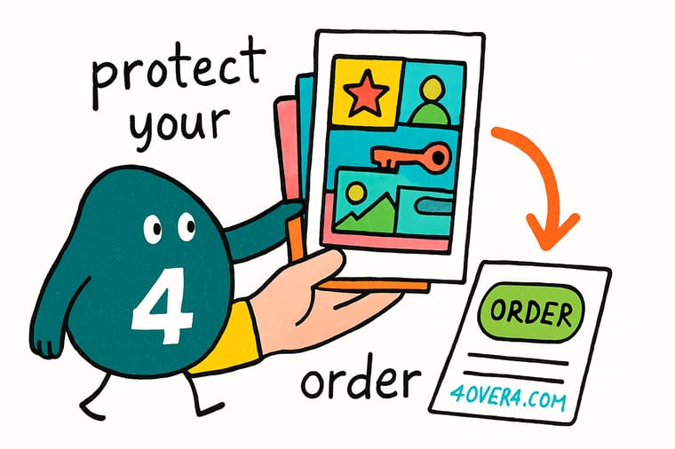 Wally, the 4OVER4 mascot, holding a wire-bound recovery-code notebook open at a page of crossed-off codes, with a fridge magnet of fraud numbers, a sticker sheet and a records folder on the counter beside a dark, dead phone