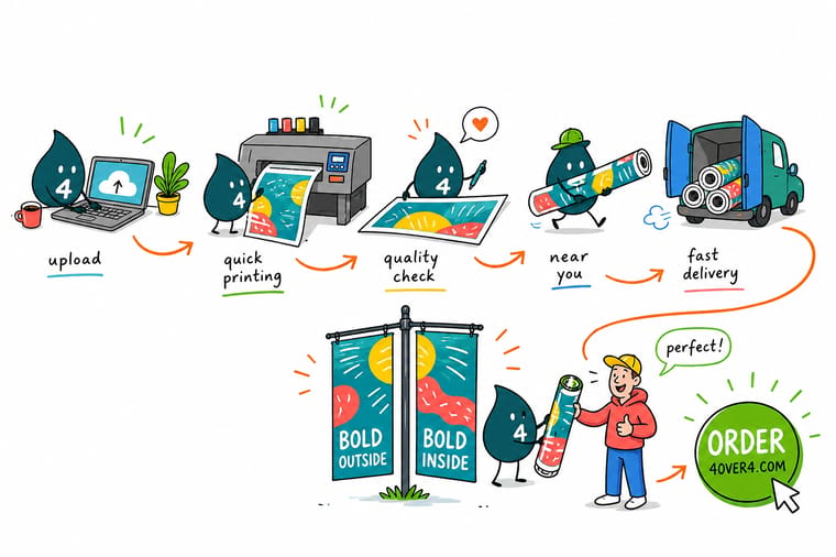 Wally, the 4OVER4 mascot, holding a boxed print order next to a map pin and a delivery van