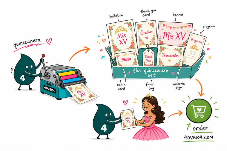 Wally, the 4OVER4 mascot holding a 4, arranging a quinceanera save the date, invitation, padrino greeting card, entrance banner, favor sticker, poster and thank you card as one matching set
