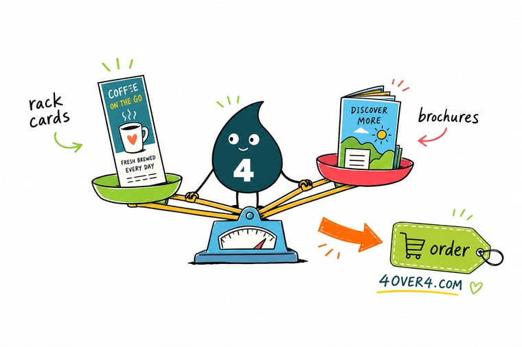 Wally, the 4OVER4 mascot holding a 4, balancing a tall rack card in one hand and an open folded brochure in the other to show which job each piece is best for