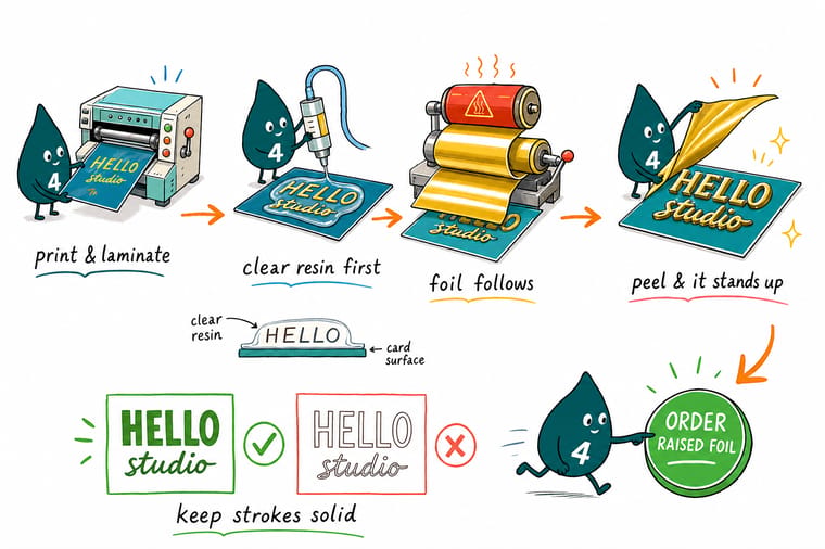Wally, the 4OVER4 mascot with a 4, jetting clear resin onto a laminated card and then peeling a metallic film off it to leave a raised foil logo