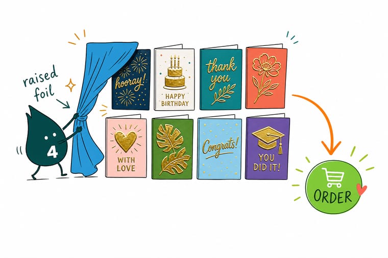 Wally, the 4OVER4 mascot holding a 4, running his finger over a gleaming raised metallic logo lifting off a printed greeting card