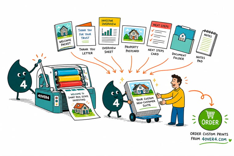 Wally, the 4OVER4 mascot holding a 4, mapping a direct mail campaign with postcards, a we-buy-houses yard sign, and an offer letter on letterhead pinned to an investor's deal board
