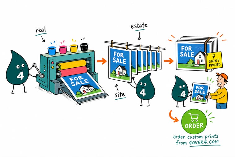 Wally, the 4OVER4 mascot, standing on a front lawn pointing from a feather flag to the listing sign panel to a directional yard sign to an A-frame and finally to a flyer and business card