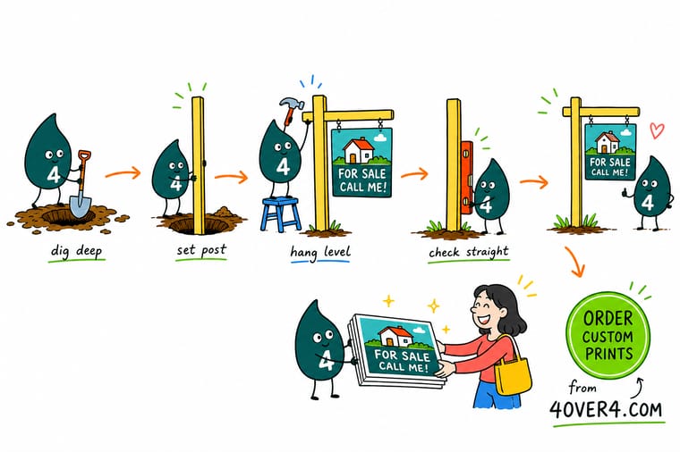 Wally, the 4OVER4 mascot with a 4, tamping soil around a 6 foot realtor sign post while the aluminum panel and its SOLD rider swing from the arm