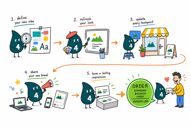Wally, the 4OVER4 mascot with a 4, swapping an old brand for a new one across a printed business card, letterhead and sign