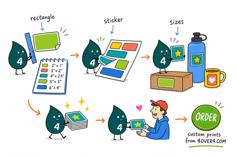 Wally, the 4OVER4 mascot with a 4, holding rectangle stickers of several sizes against a box, a laptop and a jar to find the one that fits each surface