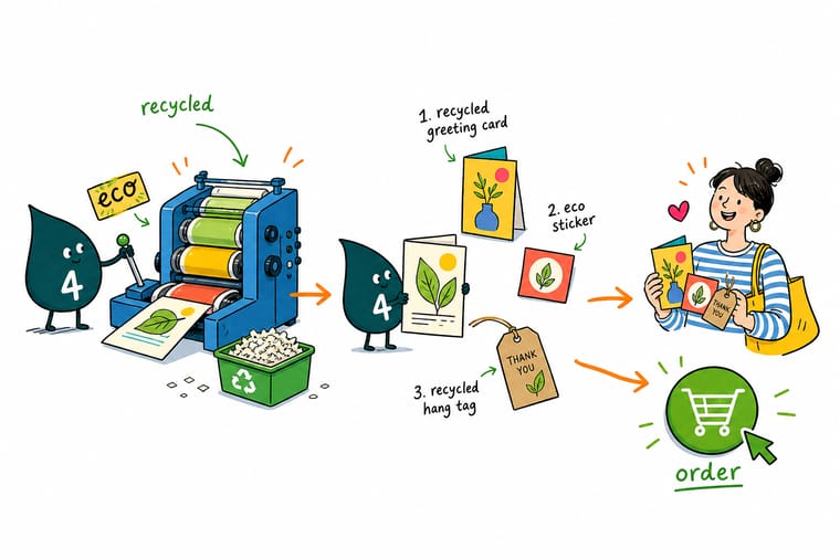 Wally, the 4OVER4 mascot, holding a recycled kraft box with a hang tag and a printed tote bag beside him