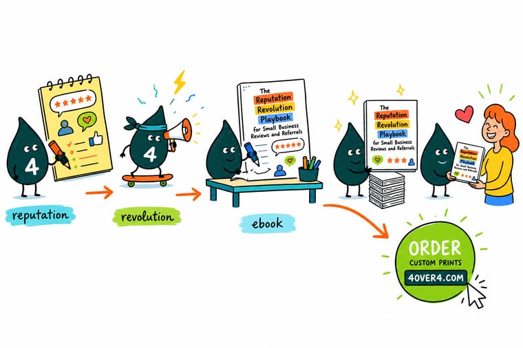 Wally, the 4OVER4 mascot with a 4, handing a customer a card with a QR code and pinning printed five star quotes onto a board