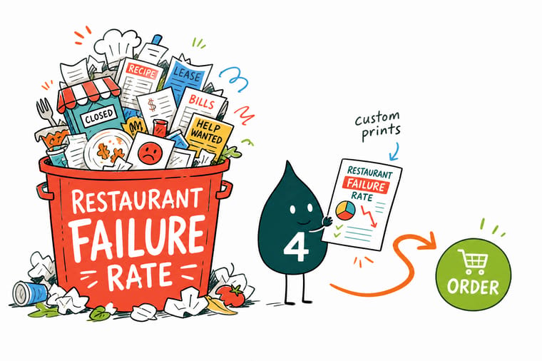 Wally the 4OVER4 mascot handing a restaurant owner a premium printed menu and loyalty card