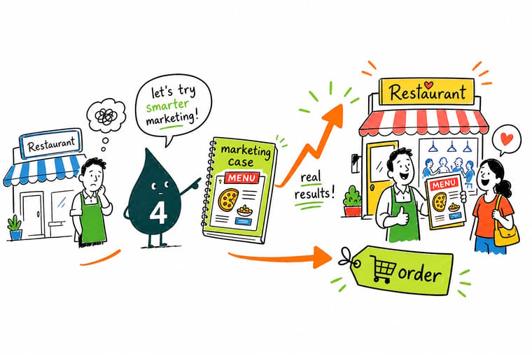 Wally the 4OVER4.COM mascot showing a restaurant owner a redesigned menu, a neighborhood postcard, and a table tent that upsells dessert