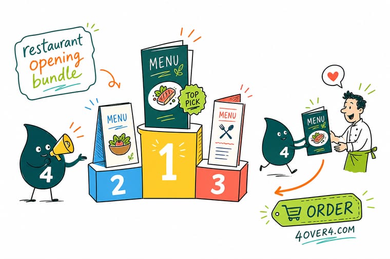 Wally, the 4OVER4 mascot holding a 4, setting a restaurant table with a printed menu and table tent while a NOW OPEN banner and window clings dress the storefront behind him