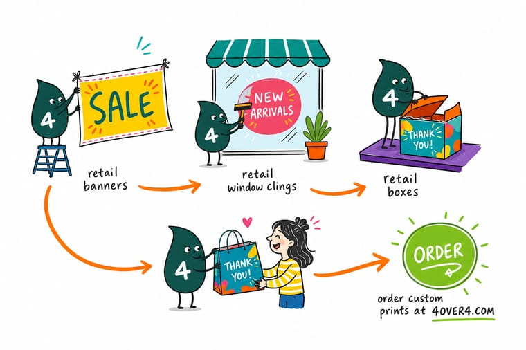 Wally, the 4OVER4 mascot with a 4, standing outside a shop with a banner over the door, a cling on the window and a printed retail box in his hands