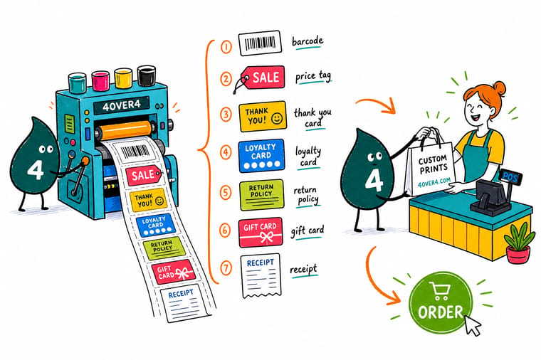 Wally, the 4OVER4 mascot, standing behind a shop counter holding a barcode label up to a scanner while gift cards, key tags and a receipt book sit beside the till