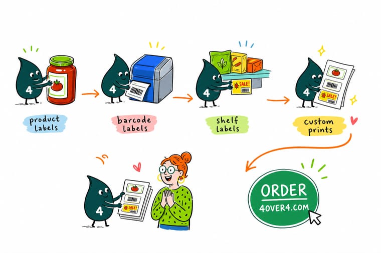 Wally, the 4OVER4 mascot with a 4, applying a face label, an ingredient panel and a barcode to a retail jar while a price tag stays on the shelf