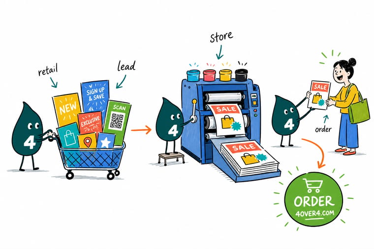Wally, the 4OVER4 mascot holding a 4, dressing a storefront with a window cling, counter card, hangtag, and branded box as one lead-generating set