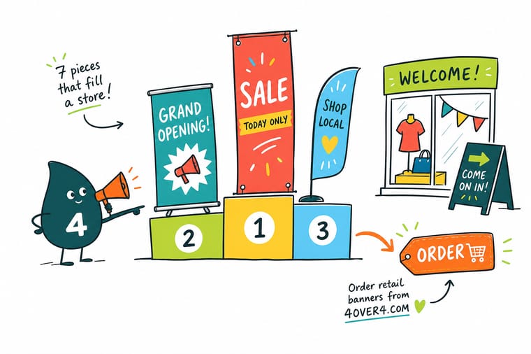 Wally, the 4OVER4 mascot holding a 4, arranging a retail banner, window cling, counter card, hang tag, and label into one matching storefront set