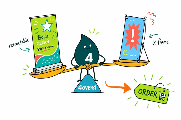 Wally, the 4OVER4 mascot holding a 4, weighing a rolled-up retractable stand in one hand and a lightweight X-frame in the other to show the choice