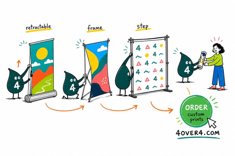 Wally, the 4OVER4 mascot with a 4, standing between a retractable banner rolling into its base, an X-frame cross holding a grommeted banner, and a wide step-and-repeat photo wall