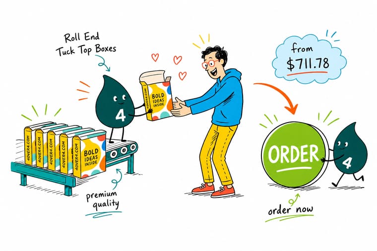 Wally the 4OVER4 mascot holding a printed roll end tuck top box with the lid tucked open, priced at $711.78 for 250, teal hand-drawn line art.