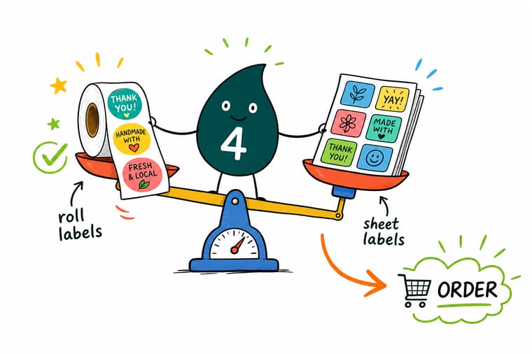 Wally, the 4OVER4 mascot holding a 4, weighing a roll of labels in one hand and a flat sheet of labels in the other to compare the two formats