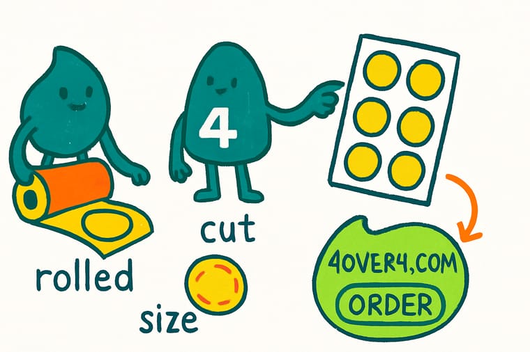 Wally, the 4OVER4 mascot holding a 4, showing a roll of stickers, a single cut-to-size shape, and a full sticker sheet side by side